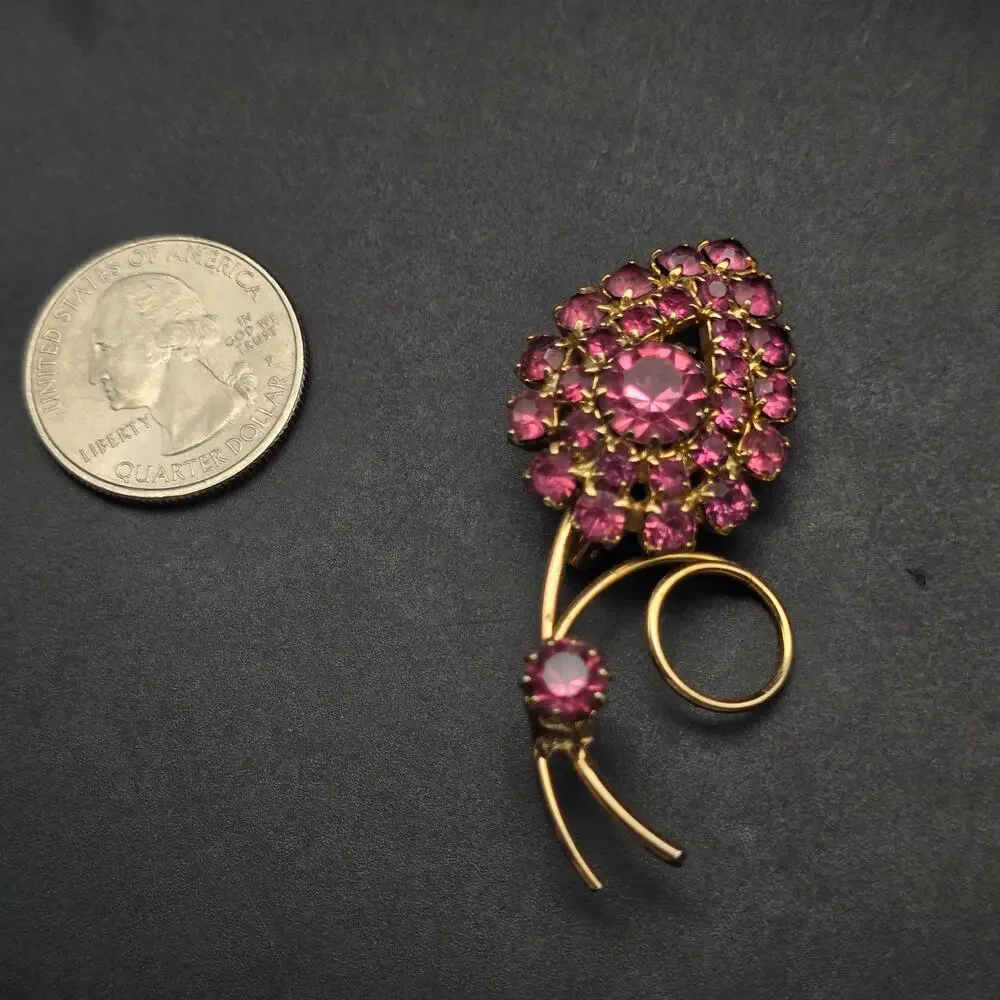 Vintage‎ Pink Rhinestone Flower Brooch Gold Tone Floral 1960s Glam Jewelry